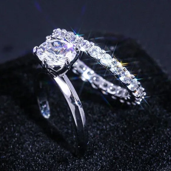 Beautiful 925 Silver Plated 2 Pcs CZ Wedding Ring, FB16FA1067 - Picture 3 of 7